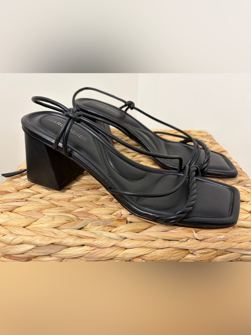 Marc Fisher Black Twisted-Strap Square Toe Block Heels
